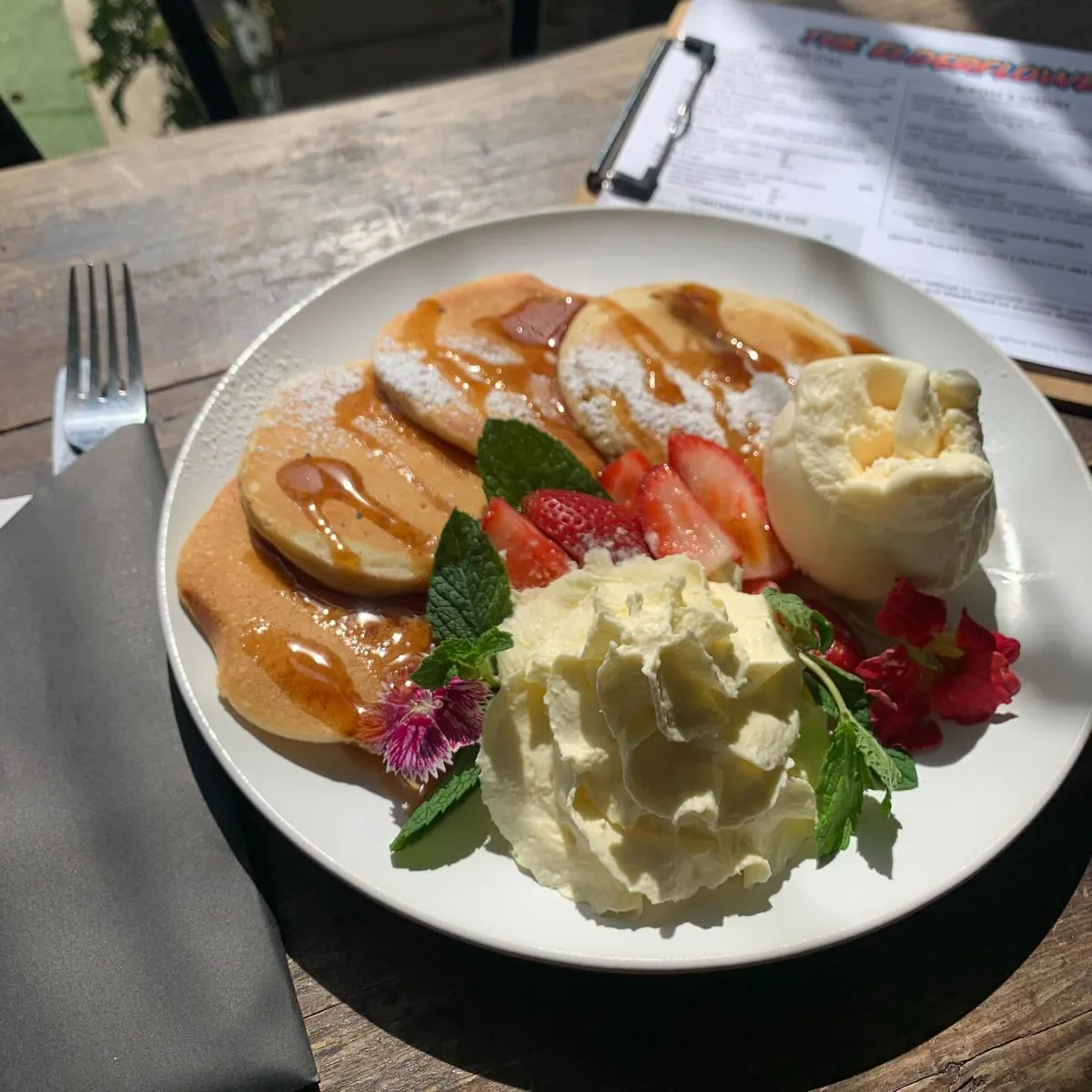 Pancakes with banana, strawberries and cream at Elderflower